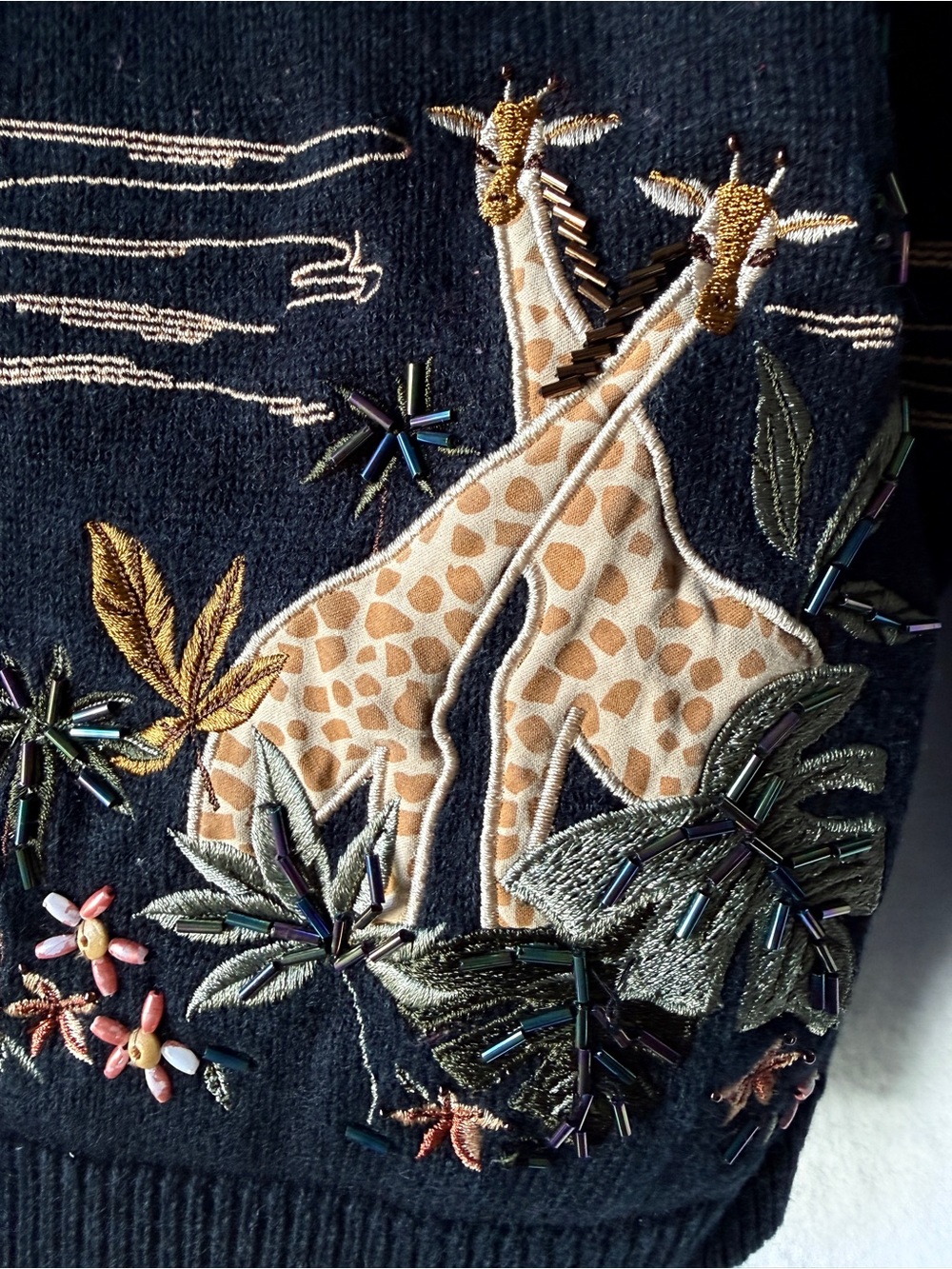 Vintage Alfred Dunner Black Embroidered Giraffe Cardigan Sweater
